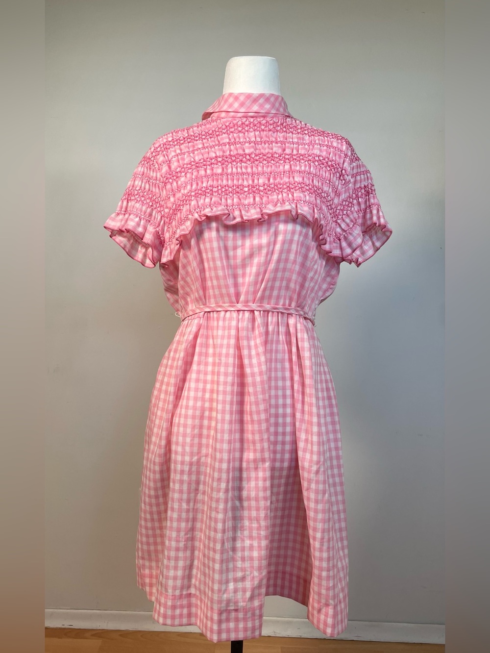 Pink Gingham Short-Sleeve Smocked Dress Vintage